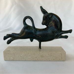 Greek Minoan Bull Leaping Small Bronze Sculpture w/ Marble Base